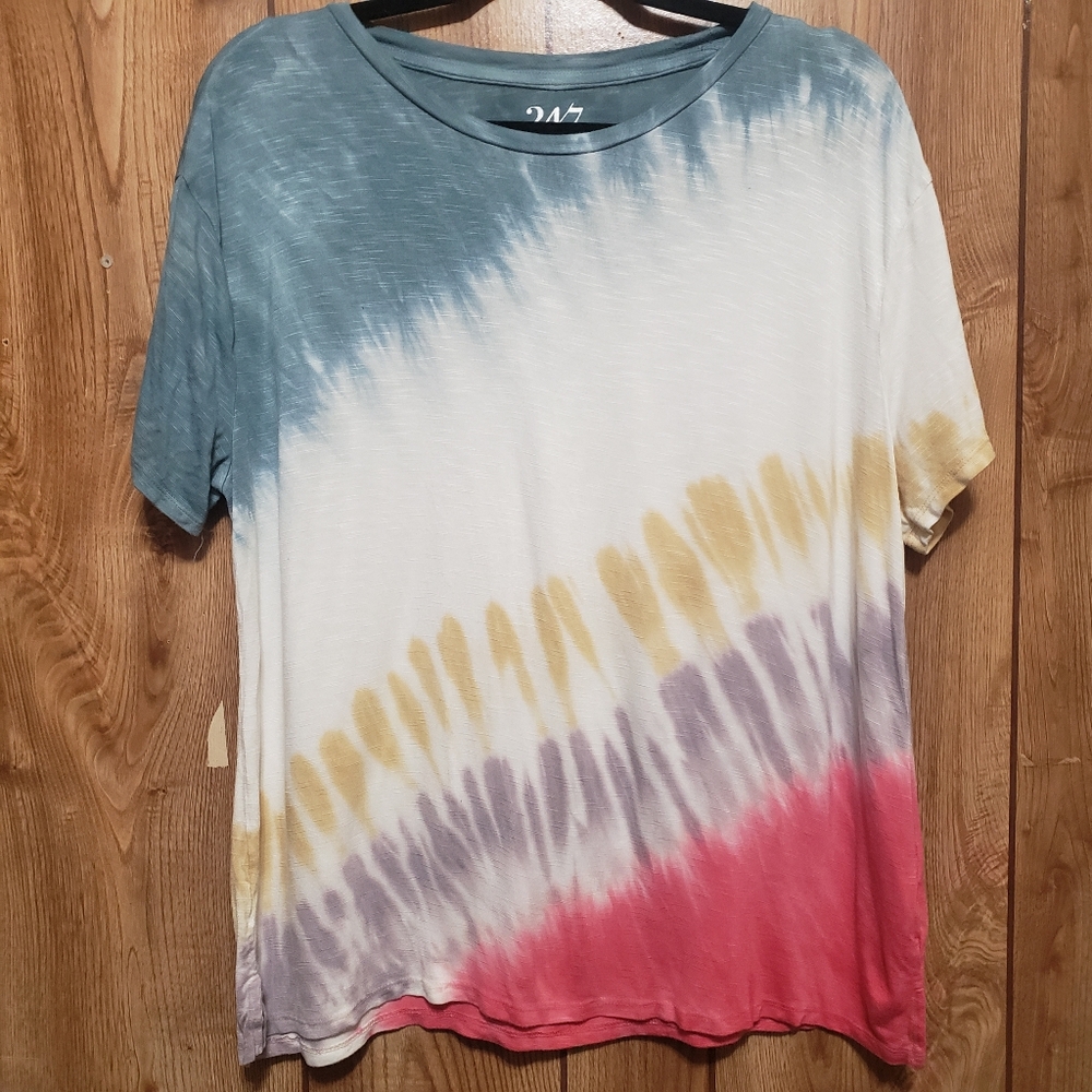 24/7 Maurices Shirt Womens Lg Blue Pink "Tie Dye" Short Sleeve Tshirt Casual - Picture 1 of 5